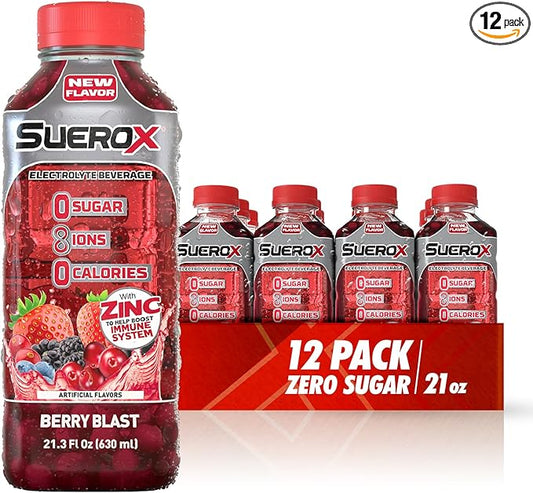 SueroX Sugar Free Sports Drink for Hydration and Recovery, Electrolyte Hydration Drink with 8 Ions, Zero Calorie Sports Drinks, Berry Blast, 21.3 Fl Oz, 12 Count