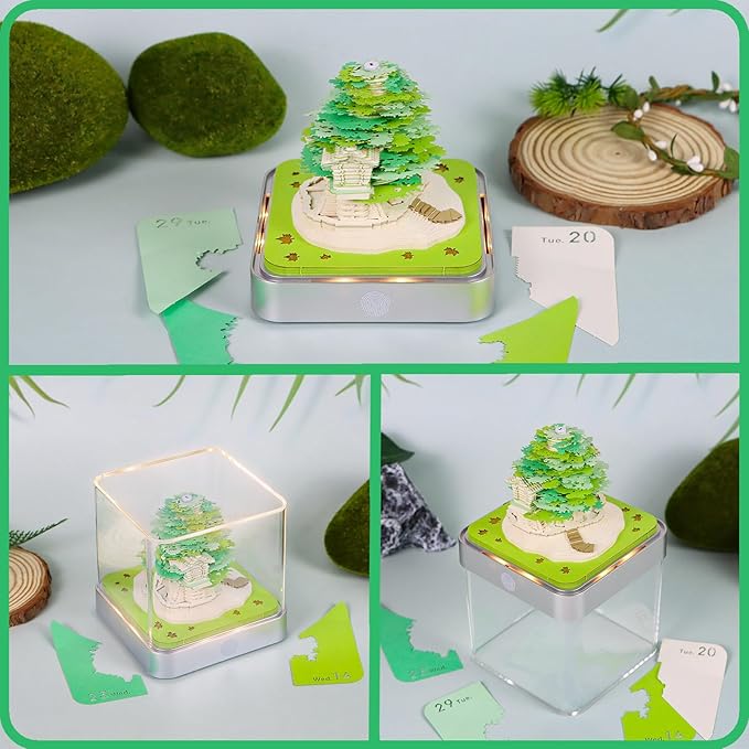 3D Memo Pad 2026 Time Piece Calendar Desk Calendar Tear Away Notepad with Lights DIY Art Carving Sticky Notes Artwork Gift for Thanksgiving Christmas Office Desktop Decoration-Green Treehouse