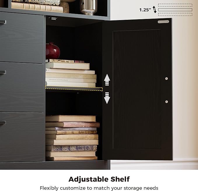 IRONCK Bookshelf with Drawers, 70.9 inch Tall Bookcase with Doors, Bookshelves and Bookcases with Storage, Bookshelf with 6 Open Cubes for Home Office, Living Room, Study, Black