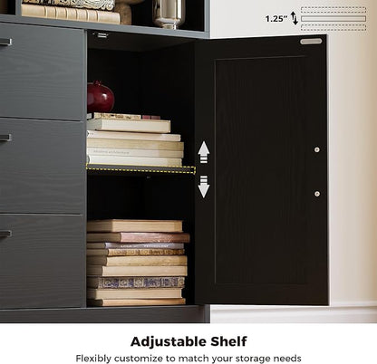 IRONCK Bookshelf with Drawers, 70.9 inch Tall Bookcase with Doors, Bookshelves and Bookcases with Storage, Bookshelf with 6 Open Cubes for Home Office, Living Room, Study, Black