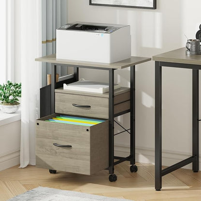 GYIIYUO 2 Drawer File Cabinet with 24'' Extended Desktop, Mobile Filing Cabinet, Rolling File Cabinet with Side Bag, Fabric Drawer, Fits A4 Size, Home Office, Oak Grey