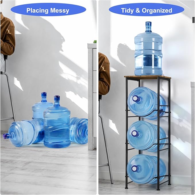 5 Gallon Water Bottle Jug Holder 3-Tier Water Bottle Holder Organizer with Top Shelf, Heavy Duty Water Dispenser Stand Rack for Kitchen Living Room Office, Rustic Brown