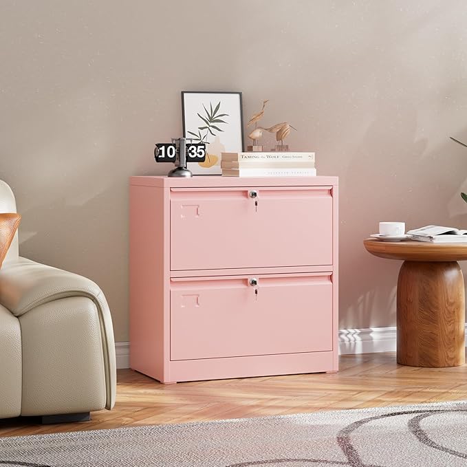 SUXXAN Metal 2 Drawer Lateral File Cabinet with 2 Lock - Wide Filing Cabinet for Letter/Legal/F4/A4 Hanging Files - Includes Business Card Holder,Home Office School Storage,Pink