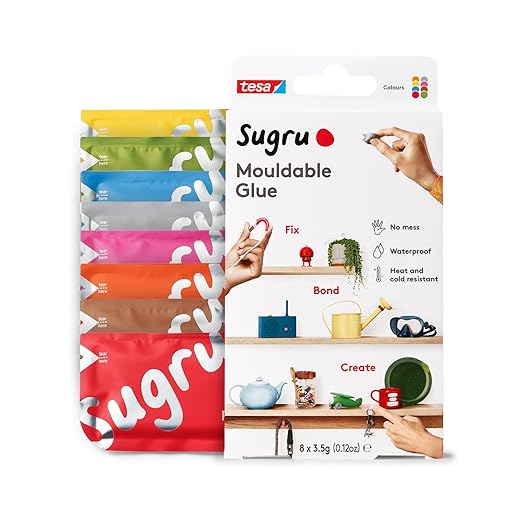 Tesa Sugru Super Glue - Waterproof Wood Glue for Home Improvement & Crafts - Use as a Poster Putty or Silicone Adhesive for Repairing & Bonding - 8 Pack - Multicolor (3.5g/ea)