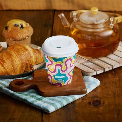 phade 12 oz Paper Hot Cups with Lids - 80 Count - Marine Biodegradable, Compostable & PFAS-Free - Made in USA Eco Coffee Cups, Squiggle Multi-Color