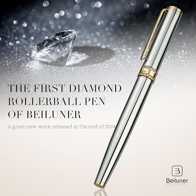 BEILUNER Silver Chrome Rollerball Pen, Diamond-Studded Cap Design, 24K Gold Trim, Noble and Elegant, Schneider Ink Refill, Best Pen Gift Set for Women & Men, Professional, Business Office, Nice Pens