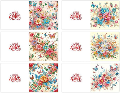 6pcs DIY Flower Butterfly Diamond Art Painting Greeting Cards Kit, Rhinestone Art Holiday Birthday Card Set with Envelopes, DIY Festival Craft for Girlfriend, Christmas Valentine Gift Making Supplies