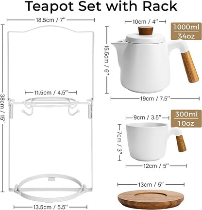 MIAMIO – 34 Oz Ceramic Tea Pot Set with Infuser and Cups/Tea Strainer, 4 Ceramic Tea Mugs (10 Oz), Bamboo Saucers/Handle for Home and Office (White)