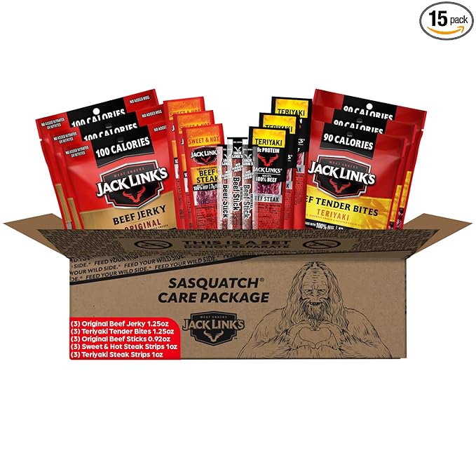 Jack Link's Beef Jerky Gift Basket Variety Pack - Includes Jerky, Meat Sticks, and Beef Steaks, Great Gift for Men, Perfect Hunting Trip Snacks, 15-Piece Assorted Meat Snack Pack