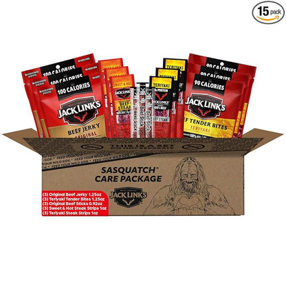 Jack Link's Beef Jerky Gift Basket Variety Pack - Includes Jerky, Meat Sticks, and Beef Steaks, Great Gift for Men, Perfect Hunting Trip Snacks, 15-Piece Assorted Meat Snack Pack