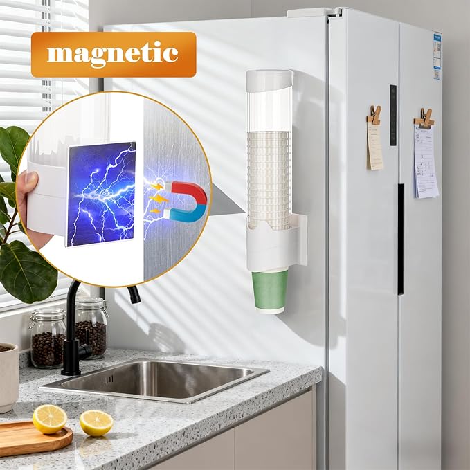 Upgraded Cup Dispenser, Wall Mount Pull Type Water Cooler Cup Holder for 9oz - 12oz Disposable Paper Plastic Cups for Home Office, with Magnetic Mounting Plate (White)
