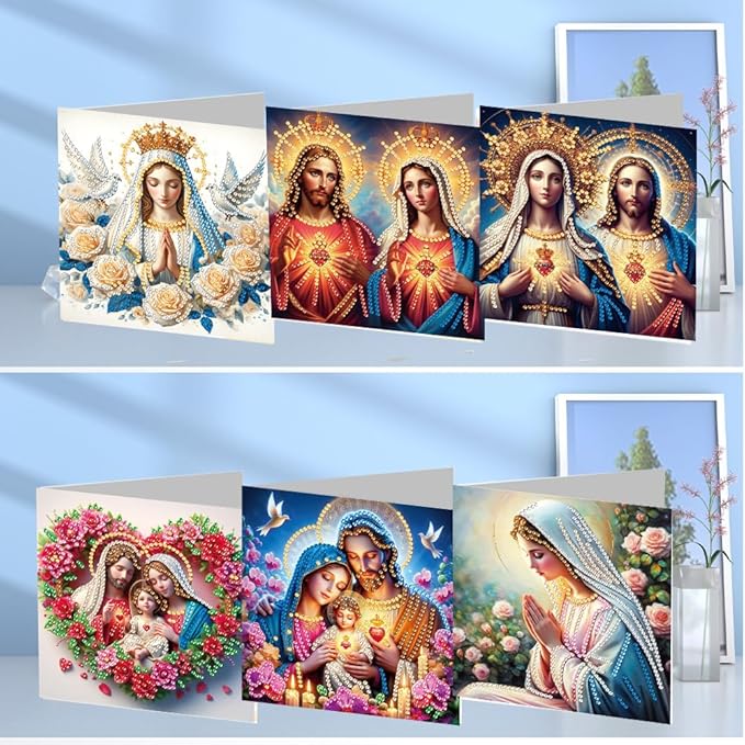6PCS Diamond Art Painting Greeting Card Set, Faith Pattern DIY Cards with Envelopes for Xmas Birthdays Special Occasion Blessing