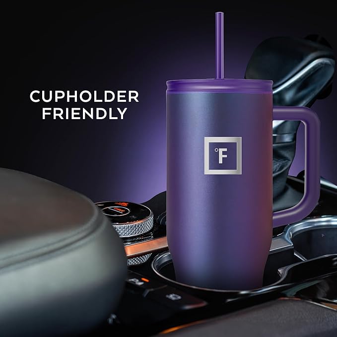 IRON °FLASK Co-Pilot Insulated Mug w/Straw & Flip Cap Lids - Cup Holder Bottle for Hot, Cold Drink - Leak-Proof- Water, Coffee Portable Travel Tumbler - Black Speckle, 40 Oz