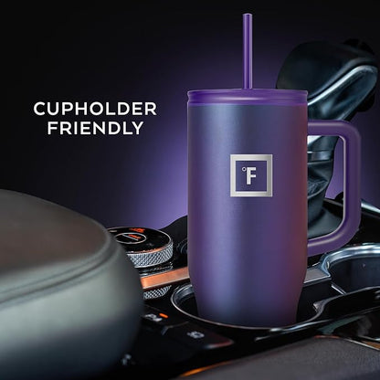IRON °FLASK Co-Pilot Insulated Mug w/Straw & Flip Cap Lids - Cup Holder Bottle for Hot, Cold Drink - Leak-Proof- Water, Coffee Portable Travel Tumbler - Black Speckle, 40 Oz