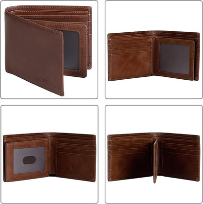 VISOUL Leather Wallets Bifold for Men with 2 ID Windwows, Men's Designer Card Holder Wallets with RFID Blocking (Brown)