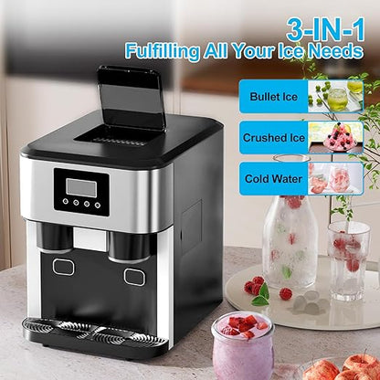 3-in-1 Bottleless Water Cooler with Ice Maker&Crusher, Water Dispenser with 40lbs /24H, Water Tank Capacity 1.8L, 3 Size Bullet Cube, Ideal for Home, Office, RV, Party