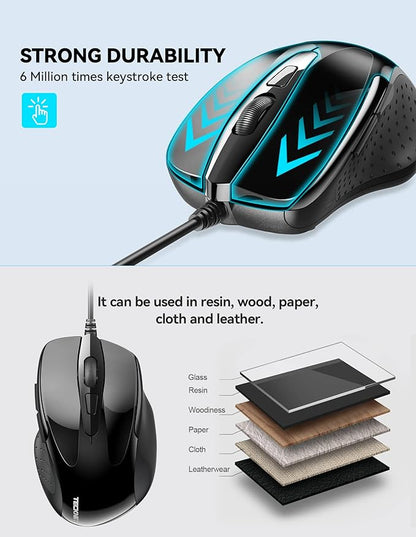 TECKNET USB Wired Mouse, 6-Button Corded Computer Mouse with 4 Adjustable DPI, Optical Computer Mice with Ergonomic Design and 5FT Cord for Laptop, Chromebook, PC, Desktop, Mac, Notebook-Black