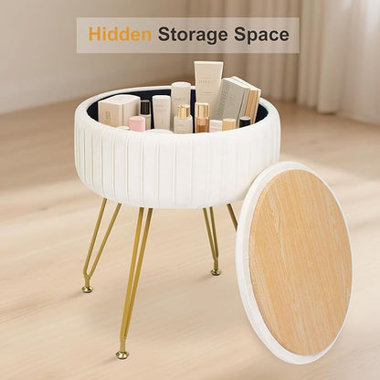 Round Vanity Stool with Storage Ottoman,Vanity Chair for Makeup Room with Removable Cover, Small Footrest Ottoman for Home, Living Room, Bedroom (Beige)