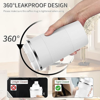 YINBAOGE Insulated Travel Coffee Mug, Spill & Leak Proof, Portable To Go Camping Stainless Steel Coffee Tumbler, Reusable Thermal Coffee Cup with Lid for Hot & Cold Drinks (White, 17 OZ)