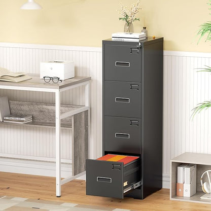 Greenvelly 4 Drawer File Cabinet,Locking Metal Vertical File Cabinet,Office Steel Filing Cabinet for Hanging Letter/Legal Folders,Assembly Required,Black,18" D x 15" W x 52" H