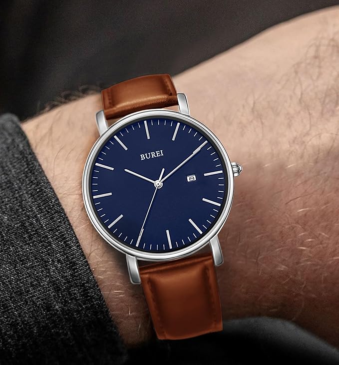 BUREI Men Watches Brown Leather Fashion Minimalist Wrist Watch Simple Ultra Thin Waterproof Quartz Watches All Black Stainless Steel Mesh Band,Gift for Men Women