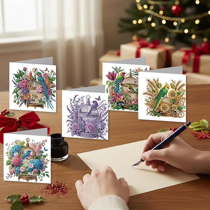 jinglinhh 12pcs Parrots Flower Birdcage Diamond Art Painting Greeting Cards with Envelopes, DIY Card Making Kits for Adults, Diamond Art Christmas Cards for Birthday Holiday Postcards Craft Gifts
