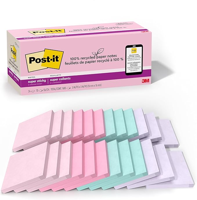 Post-it 100% Recycled Paper Super Sticky Notes, 2X The Sticking Power, 3x3 in, 24 Pads/Pack, 70 Sheets/Pad, Wanderlust Pastels Collection (654R-24SSNRPCP)