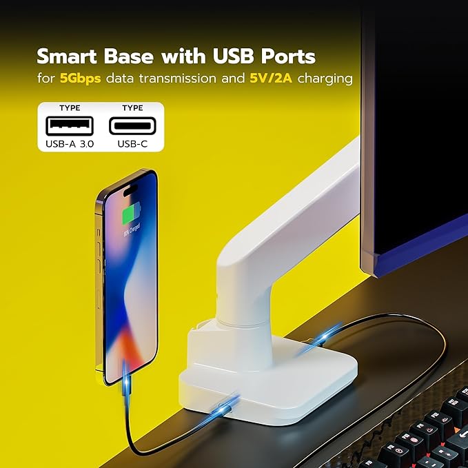 ARES WING Single Ultrawide Monitor Mount with USB A/C, Heavy Duty Monitor Arm for 17 to 49 inch Screen, Holds 44 lbs, Adjustable Gas Spring Arm Desk Mount with Clamp and Grommet Base, White