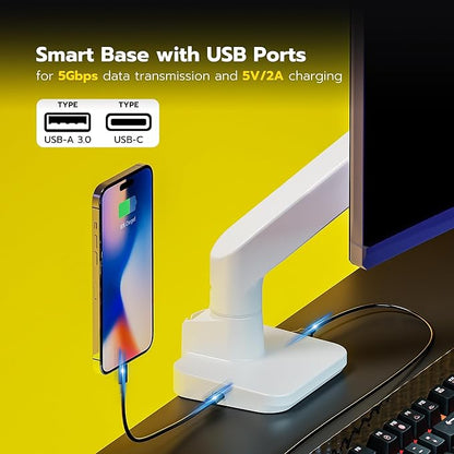 ARES WING Single Ultrawide Monitor Mount with USB A/C, Heavy Duty Monitor Arm for 17 to 49 inch Screen, Holds 44 lbs, Adjustable Gas Spring Arm Desk Mount with Clamp and Grommet Base, White