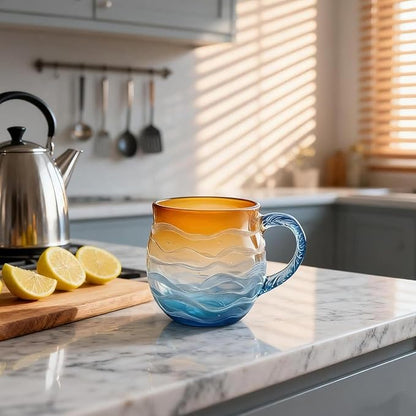 Sea Glass Sundown Mug 12oz - Handcrafted Ocean Wave Design, Textured Coastal Beach Mug for Coffee & Tea, Unique Gift for Ocean & Surf Lovers
