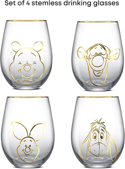 JoyJolt Disney Winnie the Pooh Gold Sketch Stemless Drinking Glasses Set of 4, 19oz Glass Cups ft Pooh Bear Tigger Piglet Eeyore, Disney Kitchen Glassware Set, Winnie the Pooh Adult Gifts