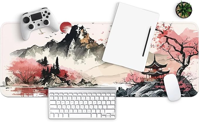 MAY FLOWER Large Gaming Mouse pad, Full Keyboard Mat, Long Laptop Mousepad, Computer Mouse Mat for Home and Office, Anti-Slip Rubber Base, 31.5 x 11.8 Inches (Watercolor Cherry Blossom)
