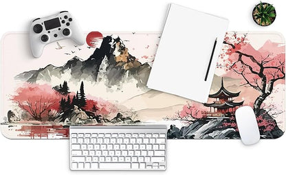 MAY FLOWER Large Gaming Mouse pad, Full Keyboard Mat, Long Laptop Mousepad, Computer Mouse Mat for Home and Office, Anti-Slip Rubber Base, 31.5 x 11.8 Inches (Watercolor Cherry Blossom)