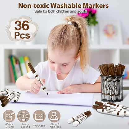 Janlaugh 36 Pcs Dark Brown Washable Markers Bulk Coloring Broad Line Markers for Kids Dark Brown Conical Tip Drawing Pen for School, Travel Art Baby Shower Gender Reveal Party Supplies, Ages 6+