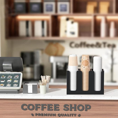 WINFFOR Disposable Cup Organizer Dispenser - 3 Compartments Black Acrylic Cup and Lid Holder with Handles Plastic Cup Dispenser Countertop Paper Cup Holder for Coffee Bar House Party Essentials