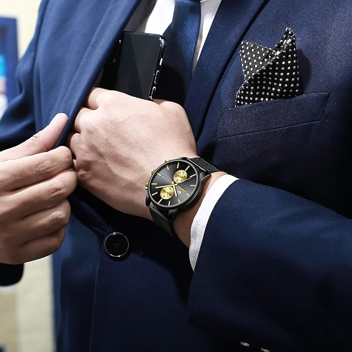 GOLDEN HOUR Mens Watch Fashion Sleek Minimalist Quartz Analog Mesh Stainless Steel Waterproof Chronograph Watches for Men with Auto Date