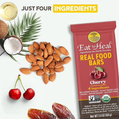 EatToHeal Cherry Real Food Bar - Organic Vegan Healthy Gluten Free Protein Bars - Low Sugar Meal Replacement Bar, Non GMO, Never Baked, Plant Based - Crafted to Enjoy, Not Sit on Shelves
