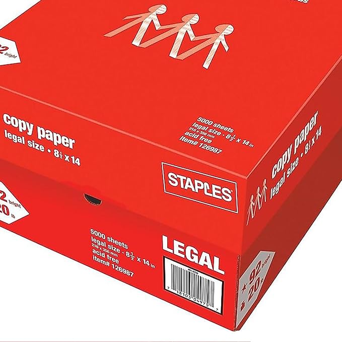 Staples 126987 8.5-Inch x 14-Inch Copy Paper 20 lbs. 92 Brightness 500/Ream 10 Reams/CT
