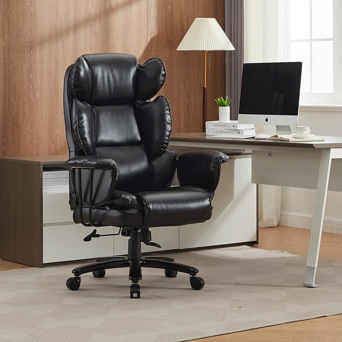 Big and Tall Office Chair 500lbs, Office Chair for Heavy People with Wide Seat and Lumbar Support, Ergonomic High Back Leather Executive Desk Chair with Clamshell Armrests - Black
