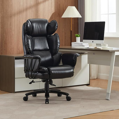Big and Tall Office Chair 500lbs, Office Chair for Heavy People with Wide Seat and Lumbar Support, Ergonomic High Back Leather Executive Desk Chair with Clamshell Armrests - Black
