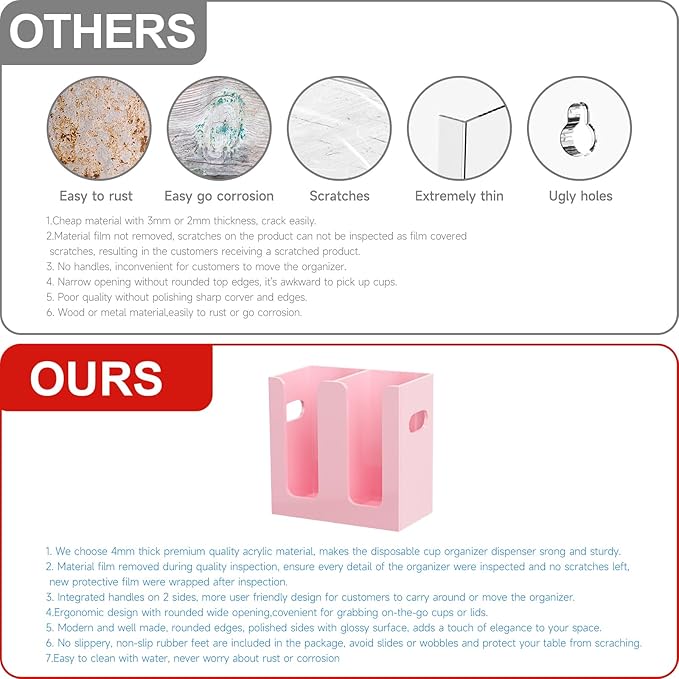 WINFFOR Disposable Cup Organizer Dispenser - 2 Compartments Lightpink Acrylic Cup and Lid Holder with Handles Plastic Cup Dispenser Countertop Paper Cup Holder for Coffee Bar House Party Essentials