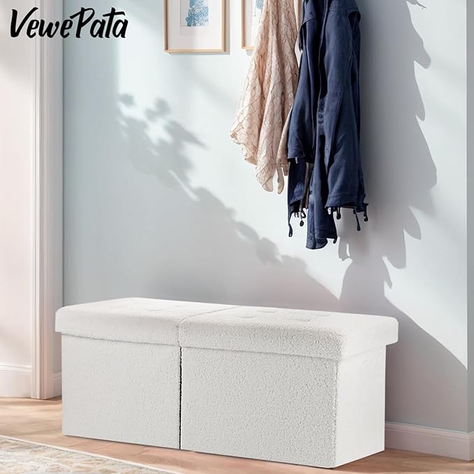 Folding Ottoman Bench with Storage - 34Inches Teddy Velvet Foot Stool Ottoman Bench, Padded Seat, Storage Chest,Blanket Store, for Entryway Livingroom and Bedroom,White (34" D x 13" W x 13" H)
