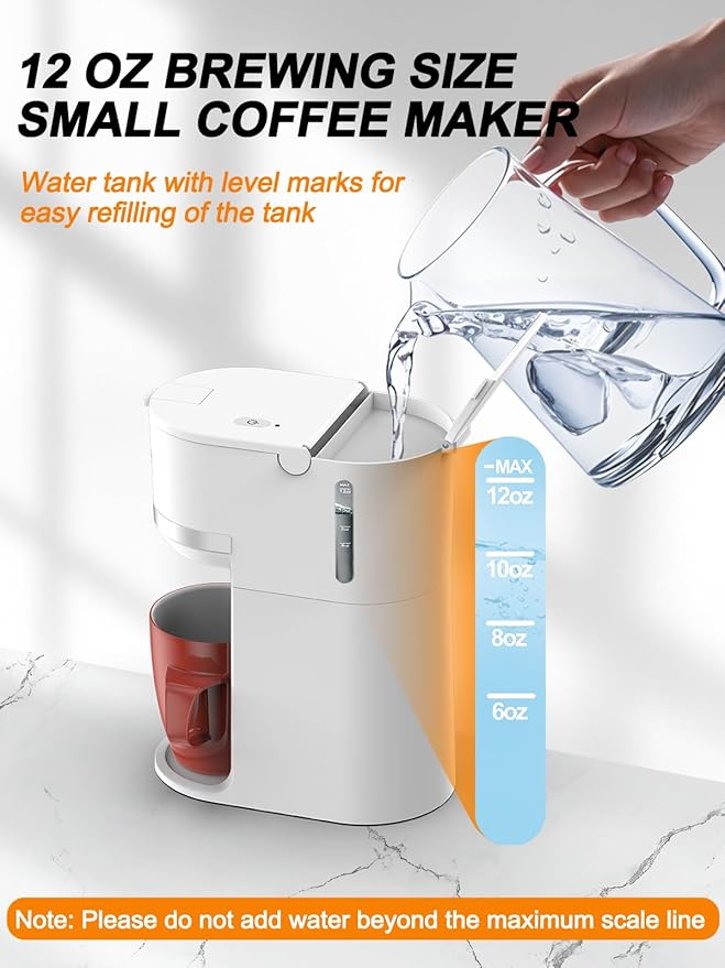 Single Serve Coffee Maker for K-Cup and Ground Coffee, Fast Brew, 6-12 oz Brew Sizes One Cup Coffee Machine Fits 5.5" Mugs, One-Button Small Coffee Maker with Descaling Reminder,White