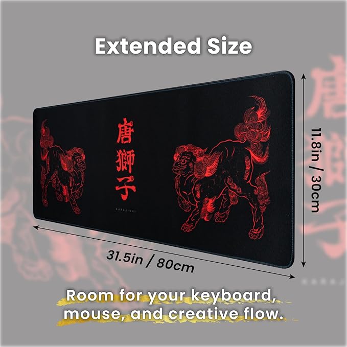 BELLEMOND Japanese Art Desk Mat | Large 31.5x11.8in Desk Pad | Mouse Pad for Keyboard & Mouse | Non-Slip Base, Water-Repellent, Smooth Precision | Kara-jishi - Twin Lions