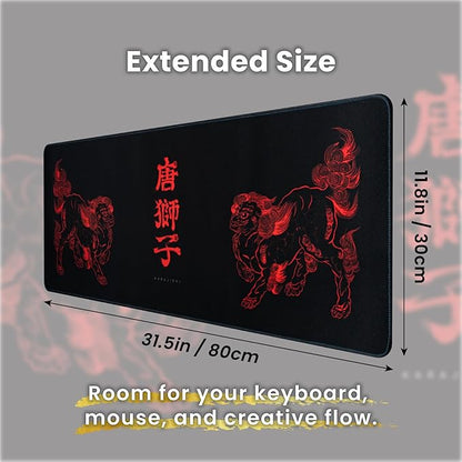 BELLEMOND Japanese Art Desk Mat | Large 31.5x11.8in Desk Pad | Mouse Pad for Keyboard & Mouse | Non-Slip Base, Water-Repellent, Smooth Precision | Kara-jishi - Twin Lions