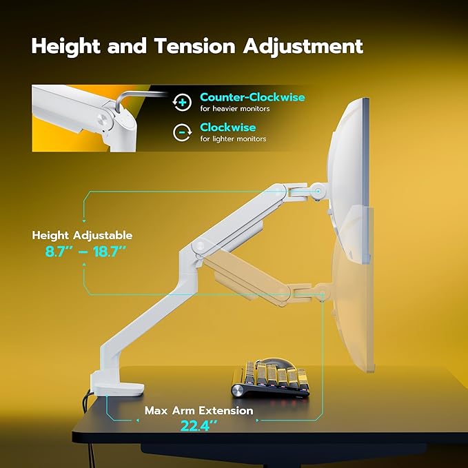 ARES WING Single Ultrawide Monitor Mount with USB A/C, Heavy Duty Monitor Arm for 17 to 49 inch Screen, Holds 44 lbs, Adjustable Gas Spring Arm Desk Mount with Clamp and Grommet Base, White
