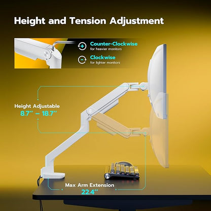 ARES WING Single Ultrawide Monitor Mount with USB A/C, Heavy Duty Monitor Arm for 17 to 49 inch Screen, Holds 44 lbs, Adjustable Gas Spring Arm Desk Mount with Clamp and Grommet Base, White