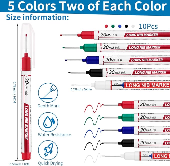 10 PCS Long Head Deep Hole Marker Pens,20mm Long Nib Marker, Longs Nose Markers, Waterproof Construction Markers Marking Tool,Permanent Markers Carpenter Ink marker Pens,Metal marking Pens
