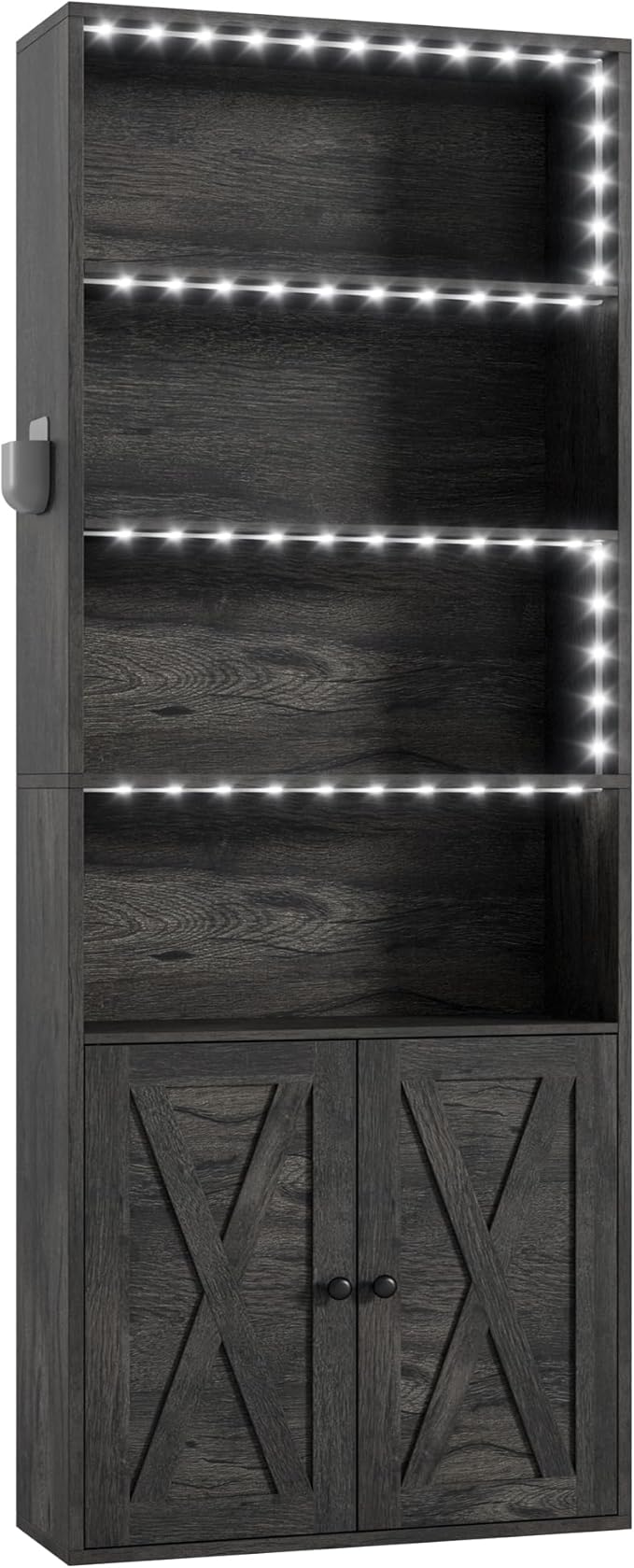 IRONCK Tall Bookcase with LED Lights, 70 in Industrial Bookshelves and Bookcases with Doors, 6 Shelf Display Storage Shelves Floor Standing for Home Office, Living Room, Bedroom