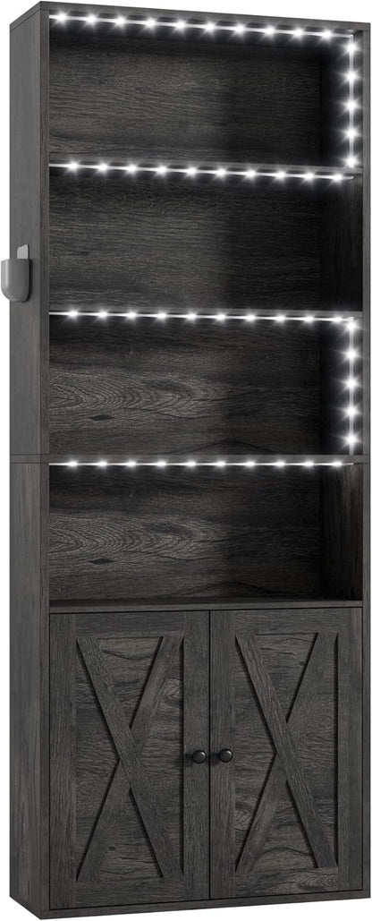 IRONCK Tall Bookcase with LED Lights, 70 in Industrial Bookshelves and Bookcases with Doors, 6 Shelf Display Storage Shelves Floor Standing for Home Office, Living Room, Bedroom